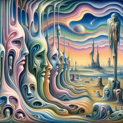 The primary subject of the image is a painting featuring a group of faces, each with different expressions. The setting is a surreal landscape with a sky background, and the visual style appears to be a combination of digital art and illustration. The painting is colorful and has a vibrant atmosphere, with the faces and the overall composition creating a sense of depth and intrigue.